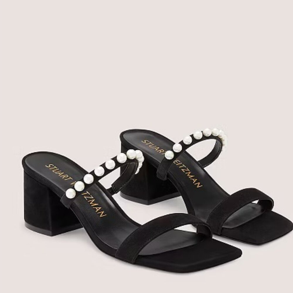 Stuart Weitzman Goldie 60 Pearl Slide Sandals 6.5 NIB Block Heel Black Suede